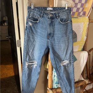 Zara Light Blue Straight Leg Jeans with Knee Distress